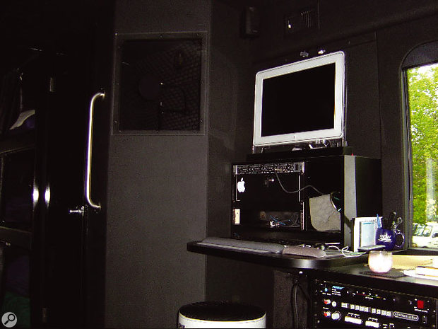 The workstation area of the bus with vocal booth behind and to the left. The workstation area of the bus with vocal booth behind and to the left.