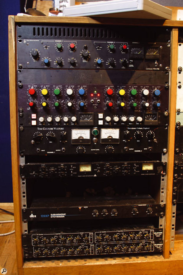 Fortress's outboard was heavily used in preference to plug-in effects and processing. From top: ADR stereo compressor, GML EQ, Al Smart stereo compressor, Thermionic Culture Culture Vulture distortion unit, Trident Audio compressor/limiter, Dbx 120XP bass enhancer, Drawmer DS201 gates (x2). Fortress's outboard was heavily used in preference to plug-in effects and processing. From top: ADR stereo compressor, GML EQ, Al Smart stereo compressor, Thermionic Culture Culture Vulture distortion unit, Trident Audio compressor/limiter, Dbx 120XP bass enhancer, Drawmer DS201 gates (x2).