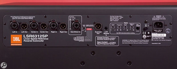 The rear panel of the LSR6312 subwoofer houses the main XLR and combo audio connections (left) plus the Room Mode Correction controls at the right. The rear panel of the LSR6312 subwoofer houses the main XLR and combo audio connections (left) plus the Room Mode Correction controls at the right.