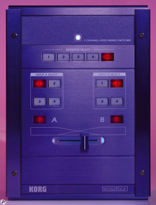 The KF4 Krossfour video mixer. Any of the four possible video inputs can be assigned to fader positions A and B, and then the fader is used to blend between the currently selected inputs. Here input 1 is selected for Fader position A, and input 2 for B. The person mixing can check what's on any of the four video inputs at any time without affecting the main output by attaching an optional video monitor and using the Monitor Select buttons at the top of the unit. The KF4 Krossfour video mixer. Any of the four possible video inputs can be assigned to fader positions A and B, and then the fader is used to blend between the currently selected inputs. Here input 1 is selected for Fader position A, and input 2 for B. The person mixing can check what's on any of the four video inputs at any time without affecting the main output by attaching an optional video monitor and using the Monitor Select buttons at the top of the unit.