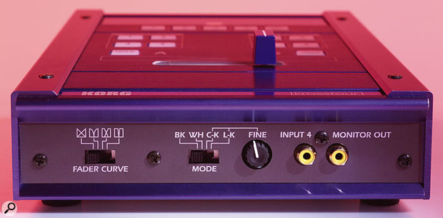 The front edge of the KF4. Different fader curve types are selectable via the switch on the left, and the important Mode switch allows you to experiment with Chroma-key type image-superimposition effects, or instantly switch the main output to all black or all white. The fourth video input and the output for the optional video input monitor are also located here. The front edge of the KF4. Different fader curve types are selectable via the switch on the left, and the important Mode switch allows you to experiment with Chroma-key type image-superimposition effects, or instantly switch the main output to all black or all white. The fourth video input and the output for the optional video input monitor are also located here.