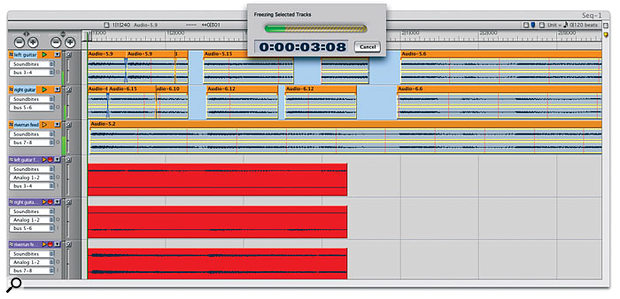 Hit Control-Apple-F or choose Freeze Selected Tracks from the Audio menu. DP makes a real-time bounce of your tracks, complete with effects, and then disables the original tracks Hit Control-Apple-F or choose Freeze Selected Tracks from the Audio menu. DP makes a real-time bounce of your tracks, complete with effects, and then disables the original tracks