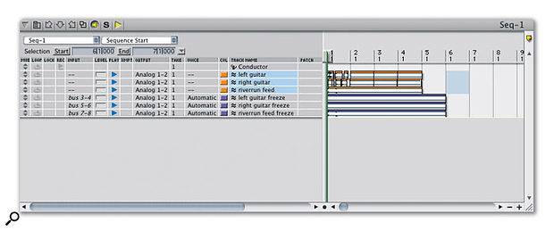 After the freeze, your original tracks remain in place. If you need to revisit them to make an edit or tweak their plug-in settings, just select any part of them and hit shift-control-Apple-F to 'unfreeze' them. After the freeze, your original tracks remain in place. If you need to revisit them to make an edit or tweak their plug-in settings, just select any part of them and hit shift-control-Apple-F to 'unfreeze' them.