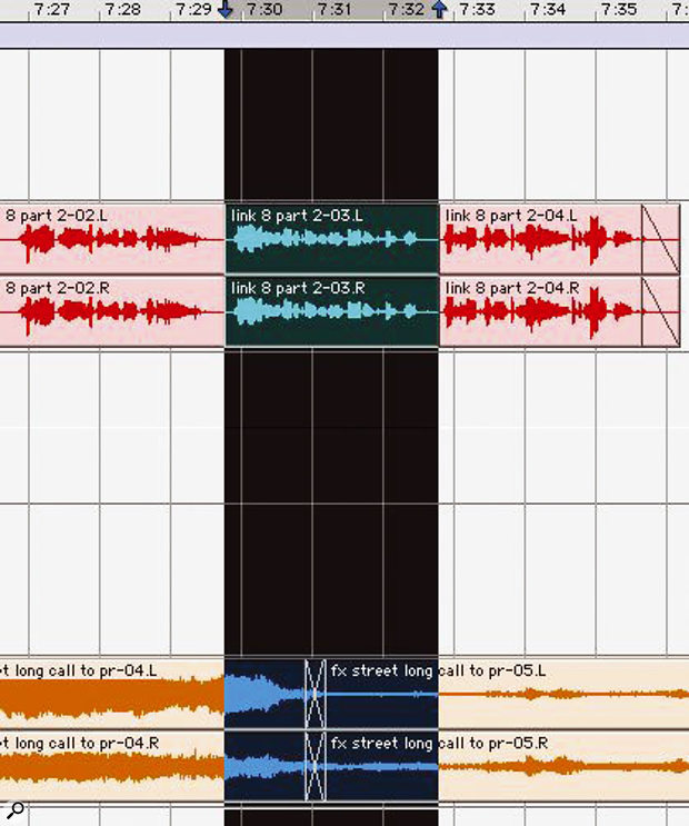 Shuffle editing across an entire Session can be a useful way of reordering the structure of a multitrack project. Shuffle editing across an entire Session can be a useful way of reordering the structure of a multitrack project.