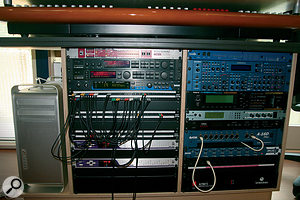According to Armin Van Buuren, the outboard in his new studio is deliberately located a long way from the mix position, and only used where there's a need for a specific preset. The Rosendahl Nanoclock (top left) provides a digital reference for the entire studio. According to Armin Van Buuren, the outboard in his new studio is deliberately located a long way from the mix position, and only used where there's a need for a specific preset. The Rosendahl Nanoclock (top left) provides a digital reference for the entire studio.