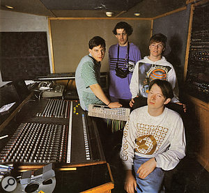 The 1989 incarnation of 808 State: (standing) Darren Partington, Martin Price, Andy Barker, Graham Massey (seated) at Spirit Studios.