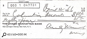 A copy of the cheque Andy Warhol gave Dolph to pay for the pressing of the Columbia acetate.