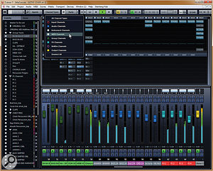 A compact layout of the Mix Console set up for typical mixing tasks, with group tracks fixed in a zone to the left, and effects tracks and the master output channel docked to the right of the mixer, leaving various other channels scrollable across the middle of the mixer. The panel on the left and the drop-down Channel Types panel both provide tools for showing and hiding different tracks, or types of track. Note that this is the first version of Cubase that lets you configure the mixer to show both inserts and sends in the same mixer view. A compact layout of the Mix Console set up for typical mixing tasks, with group tracks fixed in a zone to the left, and effects tracks and the master output channel docked to the right of the mixer, leaving various other channels scrollable across the middle of the mixer. The panel on the left and the drop-down Channel Types panel both provide tools for showing and hiding different tracks, or types of track. Note that this is the first version of Cubase that lets you configure the mixer to show both inserts and sends in the same mixer view.