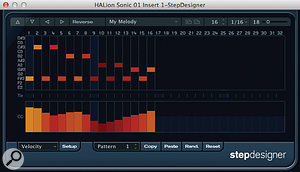 The StepDesigner interface with note data in the upper section and controller data (in this case velocity) in the lower one. The StepDesigner interface with note data in the upper section and controller data (in this case velocity) in the lower one.