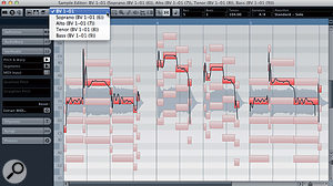 The original vocal (active) and the rather unmusical default four-part harmony generated in the absence of a Chord Track, all displayed in a single Sample Editor window. Note the drop-down menu at top-left that allows you to select which track is active for editing. The original vocal (active) and the rather unmusical default four-part harmony generated in the absence of a Chord Track, all displayed in a single Sample Editor window. Note the drop-down menu at top-left that allows you to select which track is active for editing.