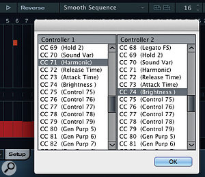 Aside from velocity and gate (note length), you can also pick two other continuous controller numbers to build into your patterns. Aside from velocity and gate (note length), you can also pick two other continuous controller numbers to build into your patterns.