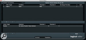 The Logical Editor makes it easy to add subtle random velocity or (as in this case) timing variations to the drum performance. The Logical Editor makes it easy to add subtle random velocity or (as in this case) timing variations to the drum performance.