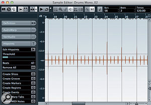 If you record your DIY click track using audio, you can convert it to a MIDI track in the Sample Editor. Here, the louder first beat of each bar has been identified but a lower Threshold setting would capture every beat if required. If you record your DIY click track using audio, you can convert it to a MIDI track in the Sample Editor. Here, the louder first beat of each bar has been identified but a lower Threshold setting would capture every beat if required.