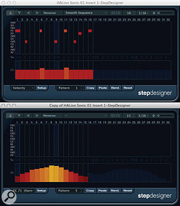As described in the main text, pairing two StepDesigner patterns of different step lengths allows you to create some interesting evolving sequences. As described in the main text, pairing two StepDesigner patterns of different step lengths allows you to create some interesting evolving sequences.