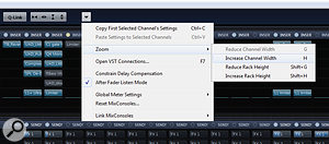 Although they are not assigned by default, you can set up keyboard shortcuts for almost any function in the mixer. Adding the Zoom palette to the toolbar can be useful, but there are also global keyboard shortcuts for this function, both in the Mix Console and the main project page. Although they are not assigned by default, you can set up keyboard shortcuts for almost any function in the mixer. Adding the Zoom palette to the toolbar can be useful, but there are also global keyboard shortcuts for this function, both in the Mix Console and the main project page.