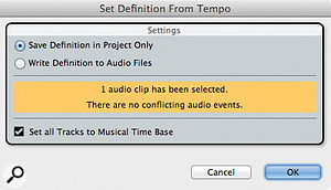 The Set Definition From Tempo dialogue: one click and your audio can become as malleable as MIDI. The Set Definition From Tempo dialogue: one click and your audio can become as malleable as MIDI.