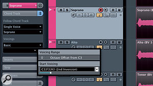The Voicing Range control allows you to quickly audition different harmonies when a part is following the Chord Track. The Voicing Range control allows you to quickly audition different harmonies when a part is following the Chord Track.