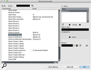 The Zoom section of the Key Commands window has lots of options for improving your Project window navigation. The Zoom section of the Key Commands window has lots of options for improving your Project window navigation.