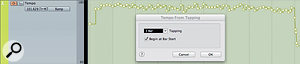 The Merge Tempo From Tapping dialog box generates a series of tempo events on the Tempo track that, hopefully, follow any tempo variations in the original freeform performance. The Merge Tempo From Tapping dialog box generates a series of tempo events on the Tempo track that, hopefully, follow any tempo variations in the original freeform performance.