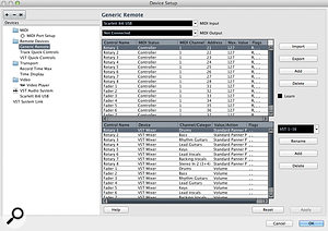 The Generic Remote pane of the Device Setup panel allows you to configure your hardware controls and link them to parameters within Cubase.
