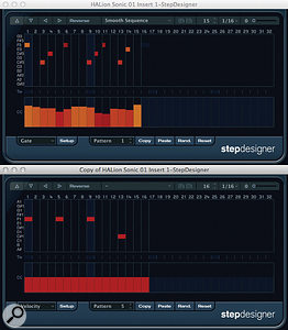 Combining two StepDesigner instances where both contain note data can create a 'moving melody' effect. Combining two StepDesigner instances where both contain note data can create a 'moving melody' effect.