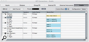 The Studio tab of the VST Connections window allows you to configure the Control Room Mixer. The Studio tab of the VST Connections window allows you to configure the Control Room Mixer.