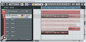 In this example, four vocal takes have been recorded, each displayed in its own lane under the master audio track. In this example, four vocal takes have been recorded, each displayed in its own lane under the master audio track.