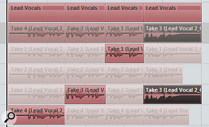 Having split the takes into suitable phrase-based sections, the various takes are then easy to select and audition using the Object Selection tool. Having split the takes into suitable phrase-based sections, the various takes are then easy to select and audition using the Object Selection tool.