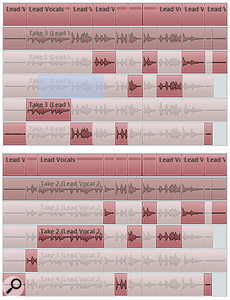 The Range Selection tool has been used to select a section of the take in Lane 2 and this is highlighted in blue (above). Double-clicking on the selection sets that portion of the take as active, creating cuts at the same positions on all lanes (beneath). The Range Selection tool has been used to select a section of the take in Lane 2 and this is highlighted in blue (above). Double-clicking on the selection sets that portion of the take as active, creating cuts at the same positions on all lanes (beneath).