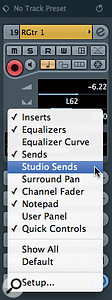 Studio Send levels can also be accessed via the Project Window's Inspector panel. Studio Send levels can also be accessed via the Project Window's Inspector panel.