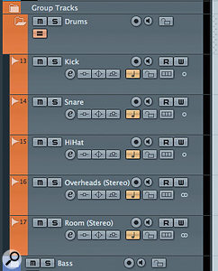 Audio tracks placed within a Folder Track ready for basic drum recording. Note that the Group Editing button has been engaged for the Folder. Audio tracks placed within a Folder Track ready for basic drum recording. Note that the Group Editing button has been engaged for the Folder.