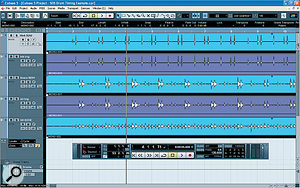 One of the plus points of the method described in this article is that it will work with any number of drum tracks, but for this example I'm using a simple recording with kick and snare close mics and a mono overhead. Here, I've created copies of the kick and snare parts (purple), which will be hard gated to prevent false triggers in the Hitpoint detection.