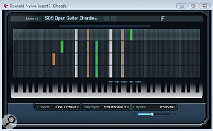 Chorder configured for open chord voicings on a guitar: the notes used in the four layers for the C-major chord are shown. Chorder configured for open chord voicings on a guitar: the notes used in the four layers for the C-major chord are shown.