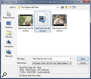 The Import Video dialogue box provides information on the format of the video file selected and a self‑explanatory option to 'Extract Audio From Video'. The Import Video dialogue box provides information on the format of the video file selected and a self‑explanatory option to 'Extract Audio From Video'.