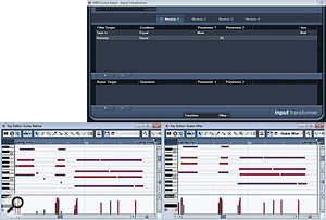 The low-velocity MIDI notes generated in this MIDI guitar performance (top) were removed using the Input Transformer. In the 'after' example (above), these changes have been made permanent simply to illustrate which notes the Input Transformer has filtered out. The low-velocity MIDI notes generated in this MIDI guitar performance (top) were removed using the Input Transformer. In the 'after' example (above), these changes have been made permanent simply to illustrate which notes the Input Transformer has filtered out.