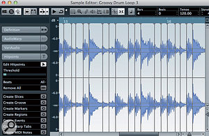 Part of the drum loop showing in the Sample Editor. Note the low threshold setting to ensure that all of the drum hits — loud and quiet — have a hitpoint associated with them.