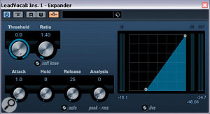 Here's you can see some suggested settings for Expander at the centre of this month's setup. Notice that the external side‑chain input (the orange button at the top) is activated. Here's you can see some suggested settings for Expander at the centre of this month's setup. Notice that the external side‑chain input (the orange button at the top) is activated.