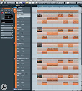 In this example, three drum takes were recorded and split into bar-length sections using the Object Selection tool. Clicking on any bar in a take automatically gives playback priority to that selection for the same take on every track. Here, this has been done for bar one, take one. In this example, three drum takes were recorded and split into bar-length sections using the Object Selection tool. Clicking on any bar in a take automatically gives playback priority to that selection for the same take on every track. Here, this has been done for bar one, take one.