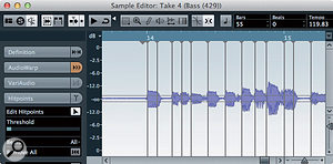 Adding hitpoints to the bass part. As well as the notes starts, this also created two hitpoints at the ends of notes (just after the start of bar 14 and bar 15) that I disabled prior to quantising.