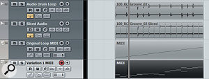 A single two‑bar audio loop shown (top to bottom) in its original form, sliced as an Audio Part, triggered via MIDI using GAO and as an edited version of the MIDI part, to create a different loop. All four tracks would adjust to accommodate any changes to the project tempo. A single two‑bar audio loop shown (top to bottom) in its original form, sliced as an Audio Part, triggered via MIDI using GAO and as an edited version of the MIDI part, to create a different loop. All four tracks would adjust to accommodate any changes to the project tempo.