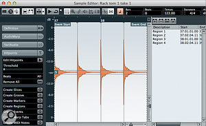 If you have recorded your own drum-hit samples, the Sample Editor can be used to divide them into audio regions. If you have recorded your own drum-hit samples, the Sample Editor can be used to divide them into audio regions.