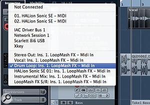 You can configure a MIDI track to send data to the MIDI In of an instance of LoopMash FX, and then control the plug-in from your keyboard or a MIDI track. You can configure a MIDI track to send data to the MIDI In of an instance of LoopMash FX, and then control the plug-in from your keyboard or a MIDI track.