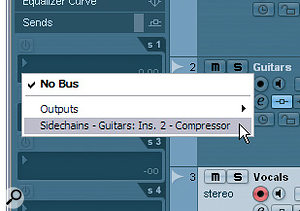 Once the Guitars track's compressor plug‑in's side‑chain is activated, you can access it from the Sends pane on the Vocals track's Inspector (top screen, right). After switching the send on and fading it up, it's worth clicking the Pre‑fader switch (bottom screen, right) to avoid problems with the ducking should you alter vocal fader levels later. Once the Guitars track's compressor plug‑in's side‑chain is activated, you can access it from the Sends pane on the Vocals track's Inspector (top screen, right). After switching the send on and fading it up, it's worth clicking the Pre‑fader switch (bottom screen, right) to avoid problems with the ducking should you alter vocal fader levels later.