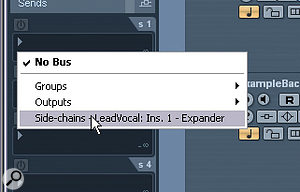 In order to get the lead‑vocal Expander to respond to the backing track, you need to send to the plug‑in's side‑chain input. You can see roughly what it should look like in the drop‑down Send menu here. In order to get the lead‑vocal Expander to respond to the backing track, you need to send to the plug‑in's side‑chain input. You can see roughly what it should look like in the drop‑down Send menu here.