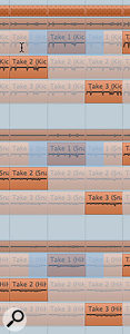 The Range Selection tool allows you to select sections of a take for one track. With Group Editing engaged, the same section of the same take on all other tracks is automatically selected. The Range Selection tool allows you to select sections of a take for one track. With Group Editing engaged, the same section of the same take on all other tracks is automatically selected.