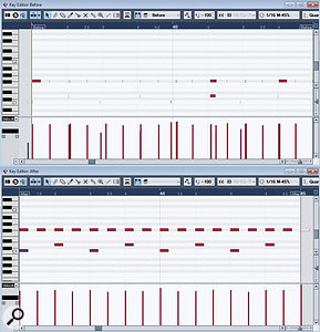 The original drum performance (before) and the processed performance (after). This example is shown for illustration; in reality, you might not wish to clean things up quite so clinically. The original drum performance (before) and the processed performance (after). This example is shown for illustration; in reality, you might not wish to clean things up quite so clinically.