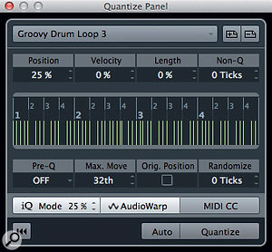 For the bass and rhythm-guitar parts used in this example, the Quantize Panel's AudioWarp option produced the smoothest results, but quantising based on sliced audio is also possible.