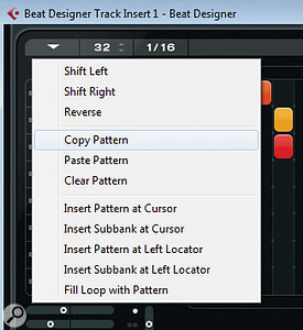 The Pattern Function menu allows patterns to be copied and pasted within the Beat Designer pattern bank or pasted into the Project window as MIDI parts. The Pattern Function menu allows patterns to be copied and pasted within the Beat Designer pattern bank or pasted into the Project window as MIDI parts.