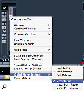 Right‑clicking on a meter reveals options for selecting the point in the signal chain from which the meters take their readings.