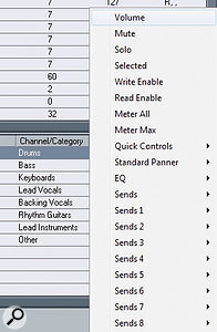 Clicking on any entry in the lower table (in this case, the Value/Action column for fader 1), brings up a list of the possible assignments.